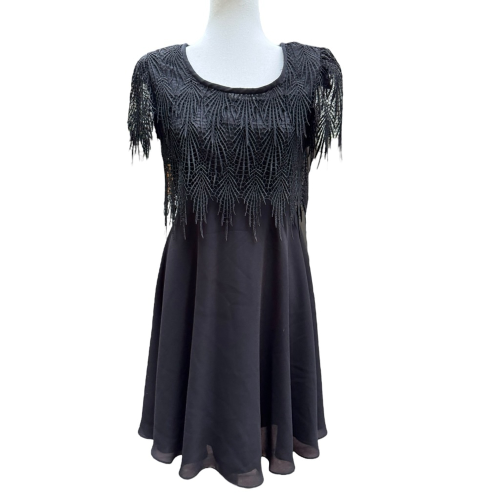Vintage Night Way Black Fringe Lace Overlay Dress Size 8 Flapper Cocktail Party